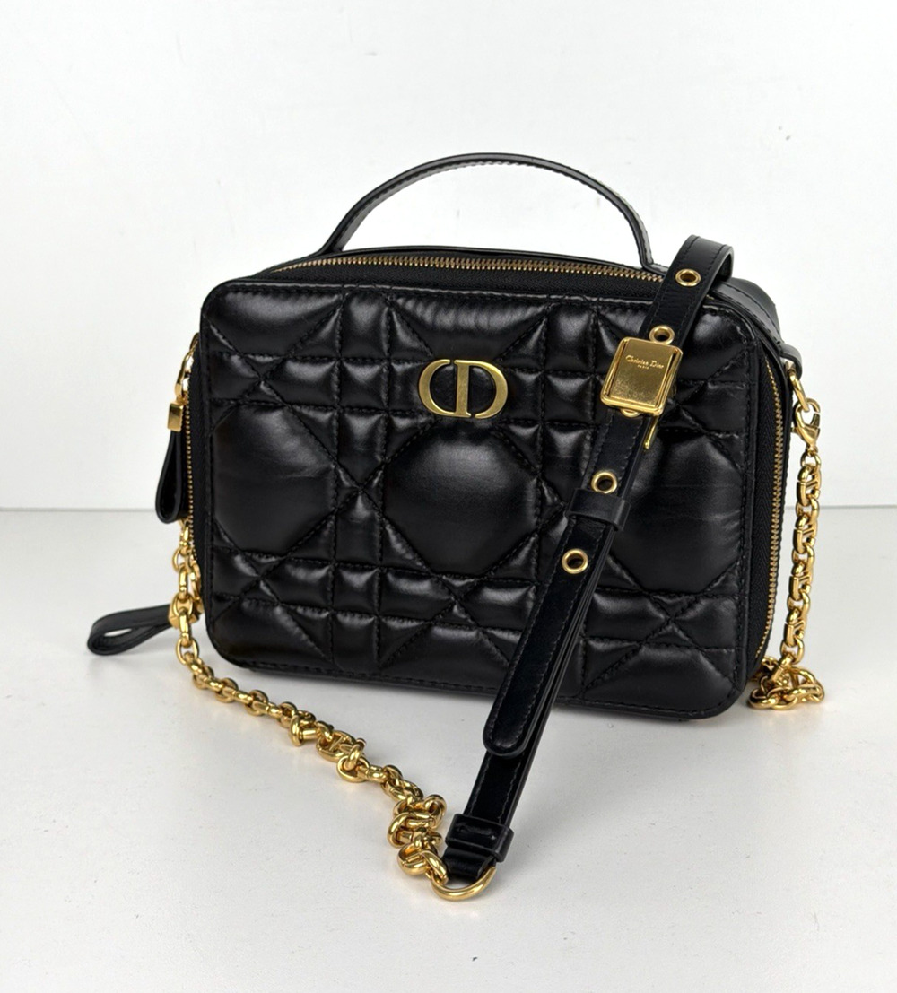Christian Dior Caro Box Shoulder Bag in Black Quilted Macrocannage Leather E2